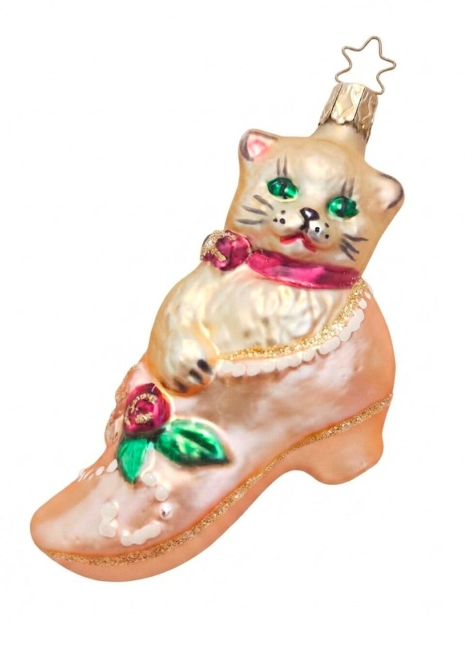 Vintage Blown Glass  Christmas Ornament  Kitten Inside Glass Slipper.